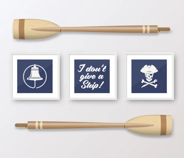 Realistic Vector Navy or Marine Picture Frames Set, Mounted on the White Wall Interior with Wooden Paddles. Soft Shadows. Isolated — ストックベクタ