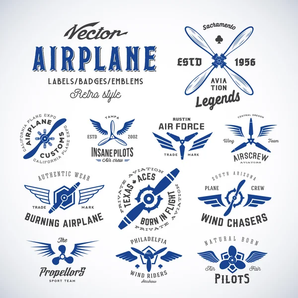 Vintage Vector Airplane Labels Set com tipografia retrô. Isolados — Vetor de Stock