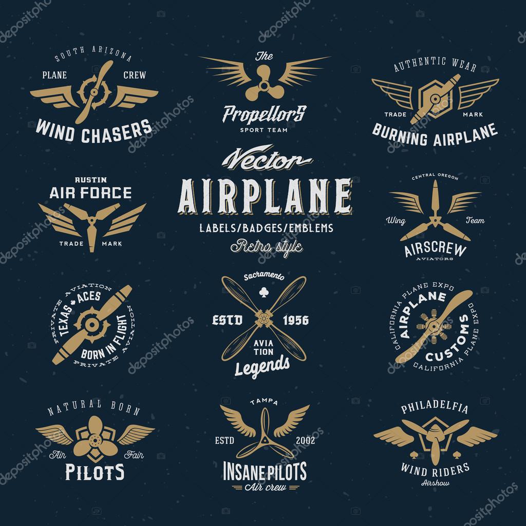 Vintage Vector Airplane Labels Set with Retro Typography. Shabby Texture on Blue Background