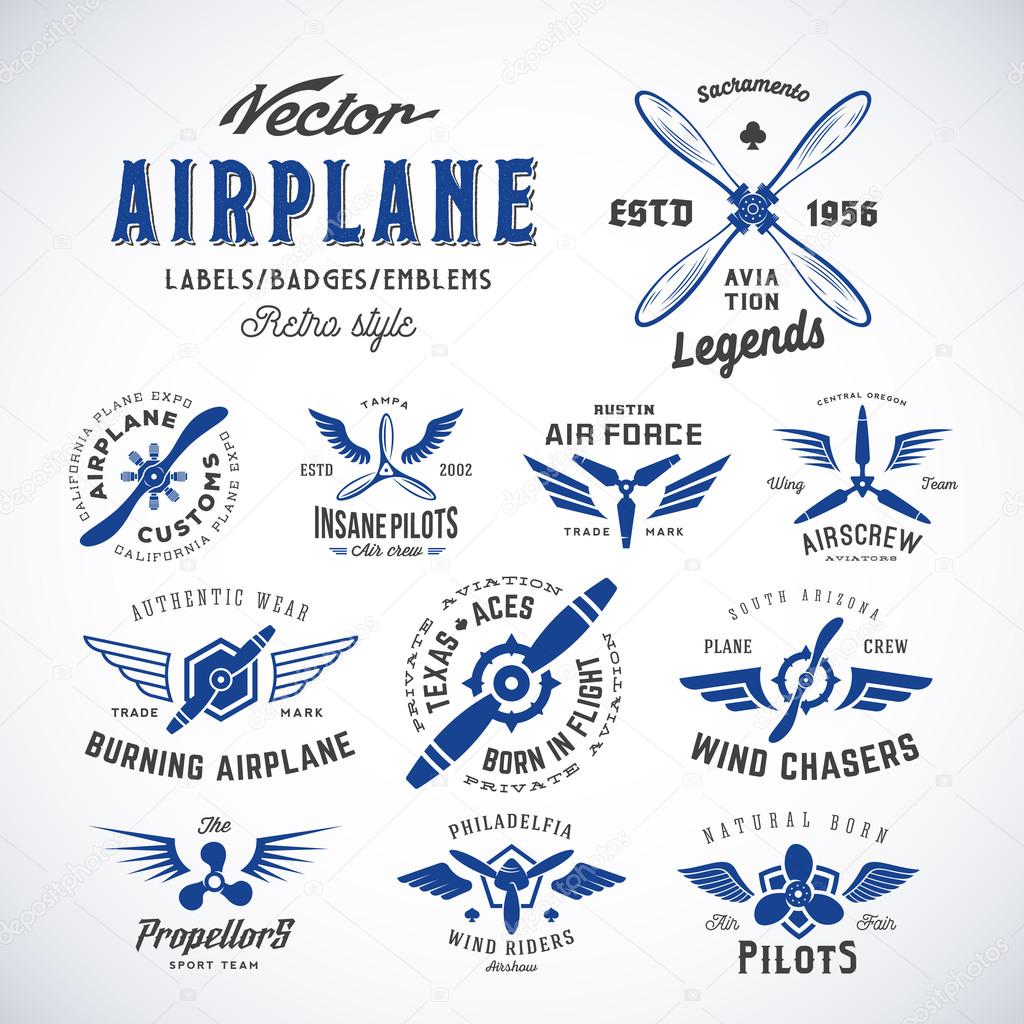 Vintage Vector Airplane Labels Set with Retro Typography. Isolated