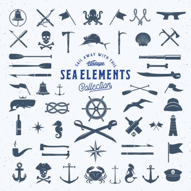 Vintage Vector Sea or Nautical Icon Symbol Elements Set for Your Retro Labels, Badges and Logos. Huge Template with Shabby Texture. clipart