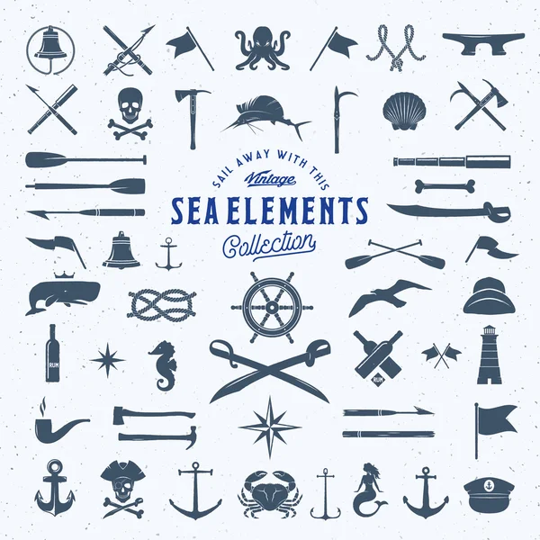 Vintage Vector Sea or Nautical Icon Symbol Elements Set for Your Retro Labels, Badges and Logos. Huge Template with Shabby Texture. — Stock Vector