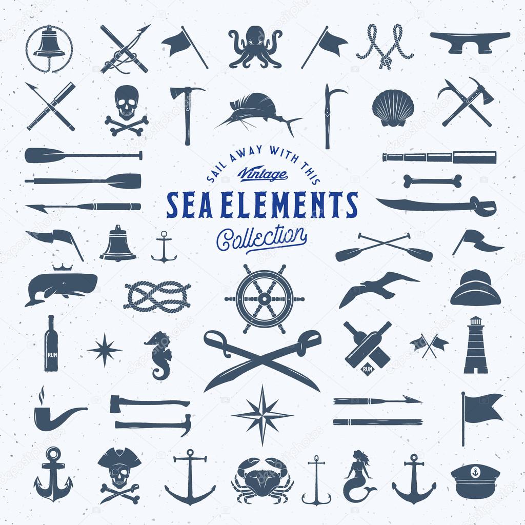 Vintage Vector Sea or Nautical Icon Symbol Elements Set for Your Retro Labels, Badges and Logos. Huge Template with Shabby Texture.