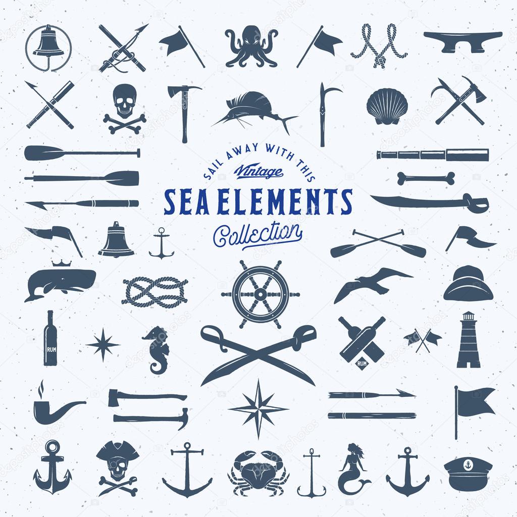 Vintage Vector Sea or Nautical Icon Symbol Elements Set for Your Retro Labels, Badges and Logos. Huge Template with Shabby Texture. Isolated