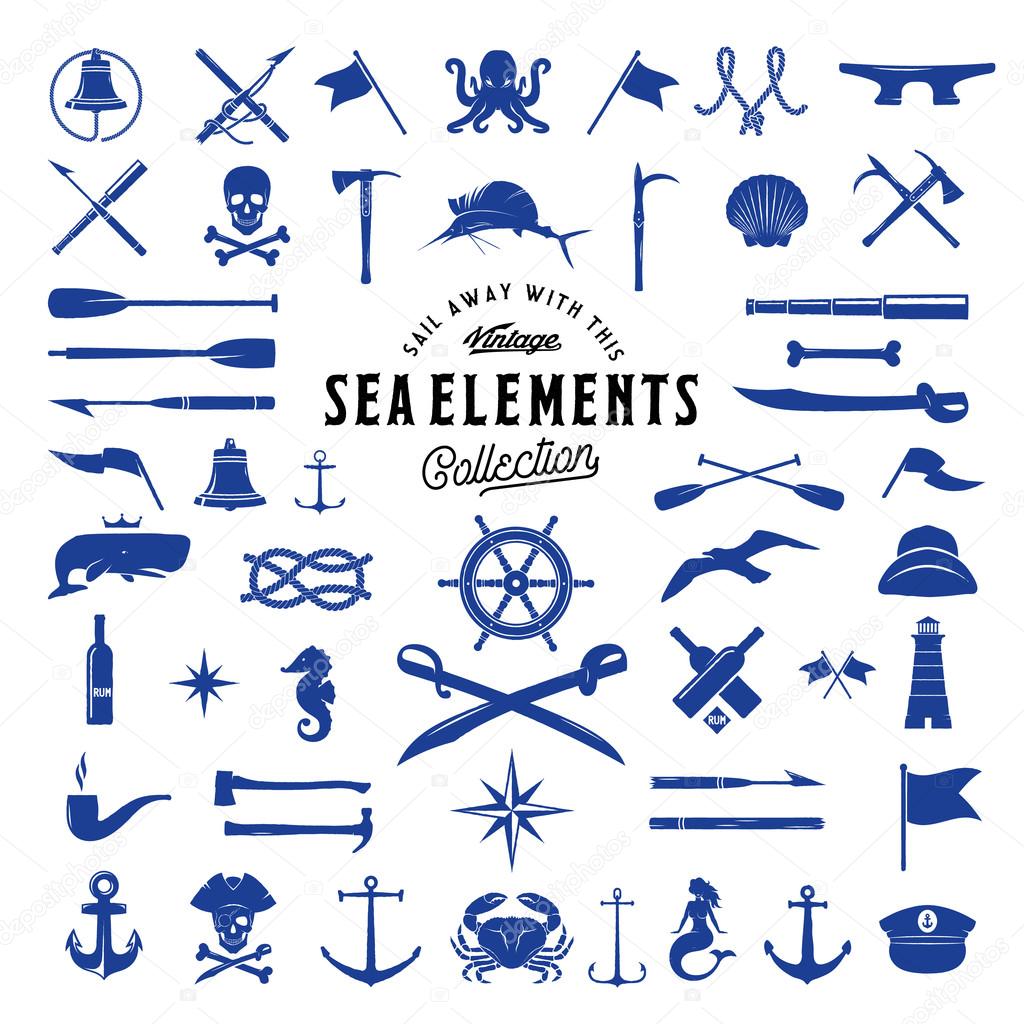 Vintage Vector Sea or Nautical Icon Elements Set for Your Retro Labels, Badges and Logos. Isolated