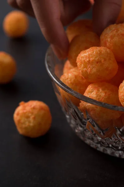 Hand Taking Cheese Snack Glass Pot Cheese Sticks Cheese Balls — Stock Photo, Image