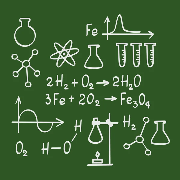 Хімічні значки та формули на шкільній дошці — стоковий вектор