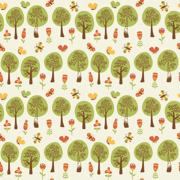 Seamless pattern with cartoon trees, flowers — Stock Vector