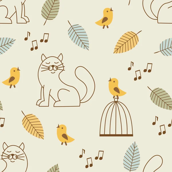 Seamless pattern with cats and birds — Stock Vector