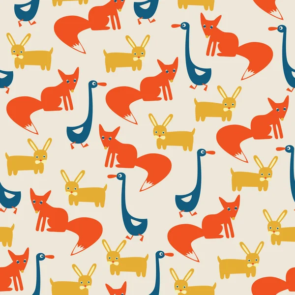 Seamless pattern with fox, rabbit and geese — Stock Vector