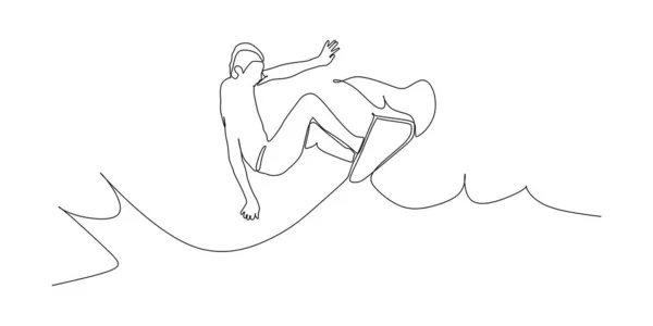 Uomo Sul Surf Stile Wakeboard Saltando Sopra Onda Spruzzi Disegno — Vettoriale Stock