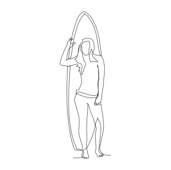 Donna Surfista Piedi Davanti Alla Sua Tavola Surf Disegno Continuo — Vettoriale Stock