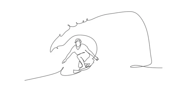 Surfer Surfing Hollow Wave Tube Jeździć Zbliżenie Wody Ciągły Rysunek — Wektor stockowy