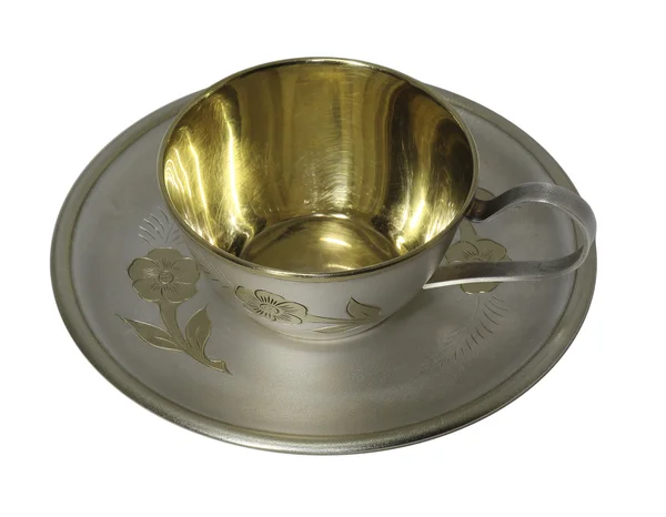 Metallic saucer and coffee cup — Stock Photo, Image