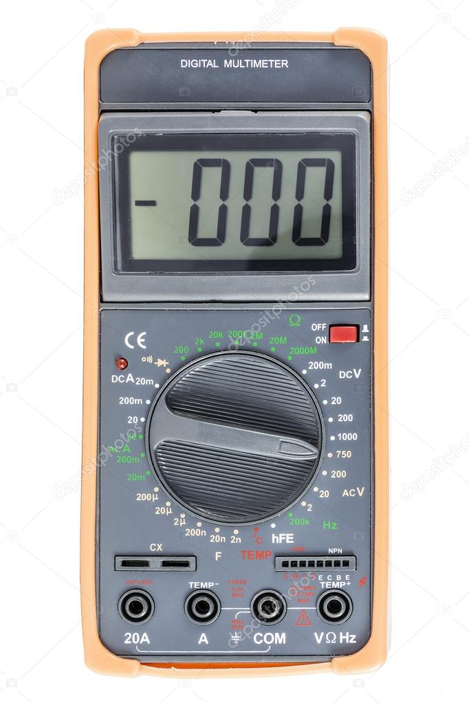 Black Digital Multimeter with orange bumper, front view