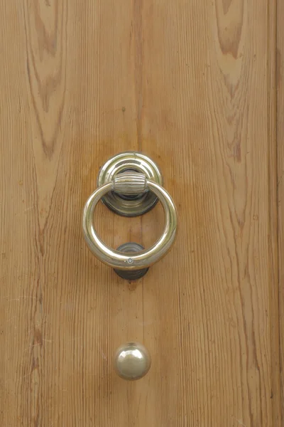 Porta de madeira com punhos de bronze velhos e botão — Fotografia de Stock
