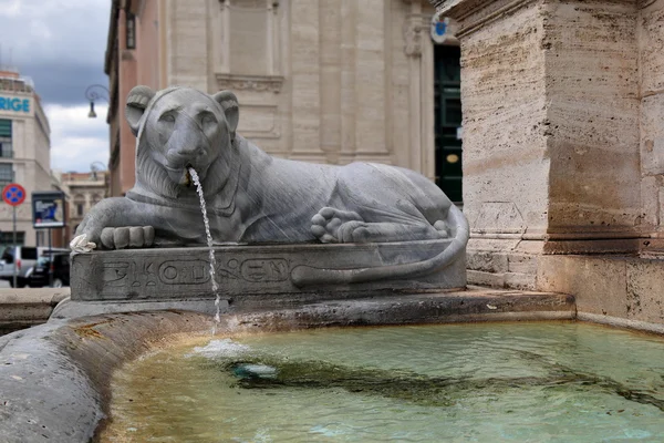 Rome, Italy. Lion statue spitting water in Moses Fountain. — Stock Photo, Image