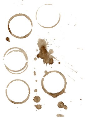 Kahverengi kahve lekeleri ve üzerinde beyaz izole splatters koleksiyonu