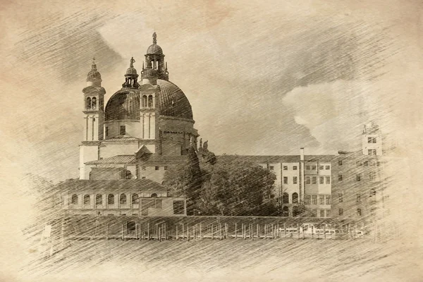 Basilica di Santa Maria della Salute Venedik'te. Retro kroki — Stok fotoğraf