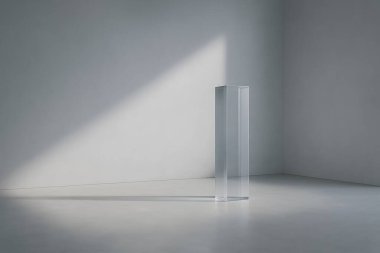 Küçük gri bir odada soğuk çapraz güneş ışığıyla aydınlatılan uzun şeffaf bir cam sütun yumuşak geometrik gölgeler oluşturarak sakin ve temiz bir atmosfer yaratıyor..