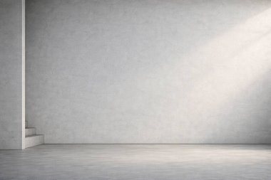 Mimari duvar ve merdiven detaylarıyla minimum beton döşeme, yumuşak doğal ışık ve temiz açık alan fotokopi alanı ile modern bir arkaplan oluşturur..