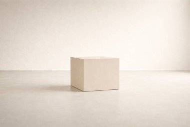 Minimal white interior with a clean square display stand placed at the center, soft light shining down from the ceiling, perfect for showcasing high-end products with ample copy space.