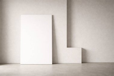 Temiz duvarları ve duvara monte edilmiş boş beyaz bir tuvali olan, doğal gün ışığıyla hafifçe aydınlatılan, geniş kopya alanı olan, temiz, modern bir arkaplan yaratan, minimum beyaz iç mekan..