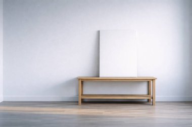 Asgari beyaz iç döşeme, duvarda asılı olan boş bir tuval, basit dekor elementleri ve küçük bir dal kopya alanı olan temiz modern bir arka plana ince bir yaşam tarzı detayı ekliyor..