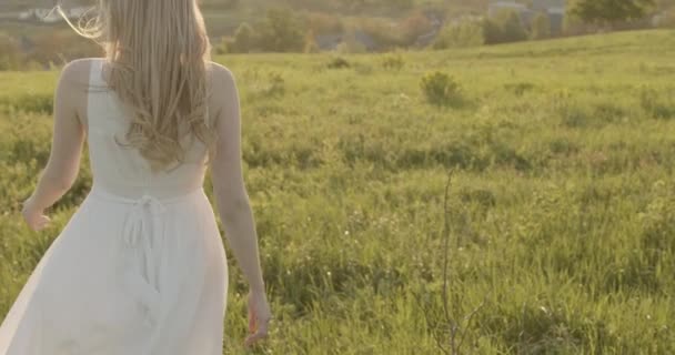 Соблазнительная женщина в белом платье ходит по лугу — стоковое видео