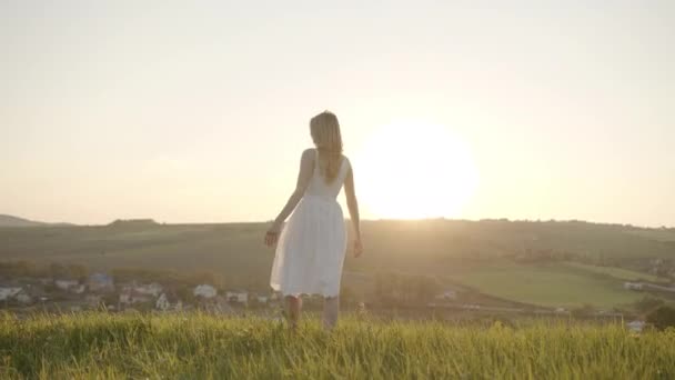 Mulher se diverte e circula ao redor ao sol da noite — Vídeo de Stock