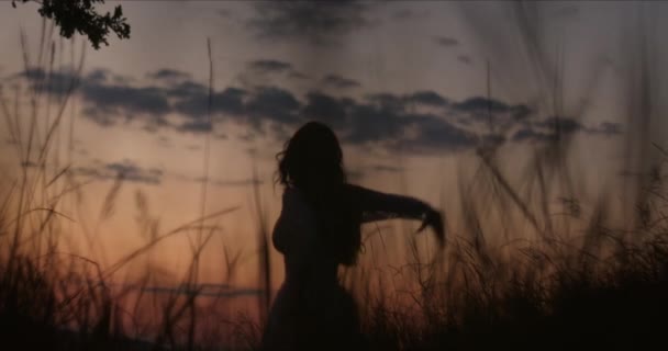 Baile nocturno de una chica solitaria al atardecer en el fondo del cielo nocturno — Vídeo de stock