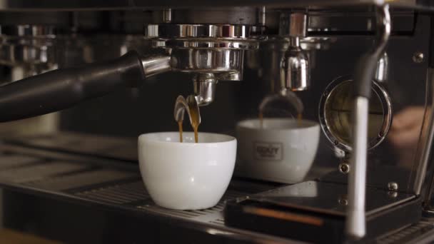Lakonický bílý šálek, do kterého se pečlivě nalévá lahodná káva — Stock video