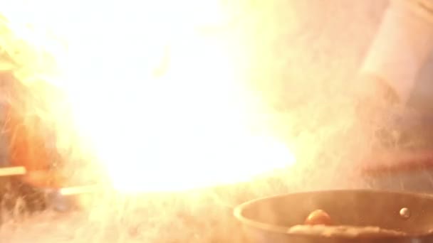Close-up of the painstaking work of the chef with the fire while cooking meat — Stock Video