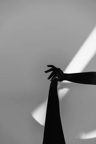 Mão sobre um fundo branco. Foto em preto e branco da mão. Mão frágil em preto. — Fotografia de Stock