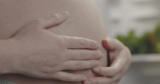 Ciężarna kobieta głaska się po brzuchu dłońmi. Matki kochają swoje przyszłe dziecko.. — Wideo stockowe