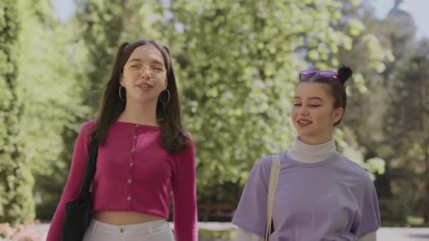 Två tonårstjejer går i parken och håller varandra i handen. Ovanliga flickor i ljusa kläder. — Stockvideo