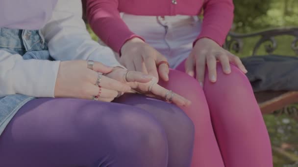 Лесбиянки ухаживают друг за другом в парке. Руки ухаживания. — стоковое видео