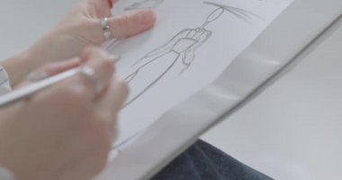 Kız balo için bir elbise çiziyor. Kızlar güzel bir elbise hayal eder..