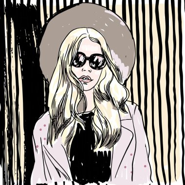 Vektör el kroki, moda illüstrasyon model ile boyalı.