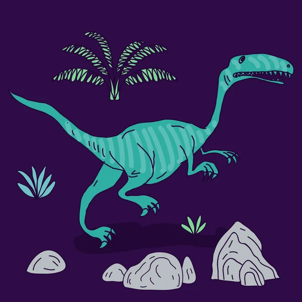 Ilustración dibujada a mano vectorial con lindo dinosaurio garabato de dibujos animados . — Vector de stock