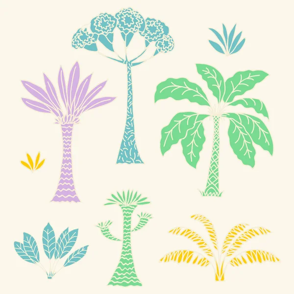 Illustration vectorielle dessinée à la main avec de jolis palmiers et fleurs de dessin animé — Image vectorielle