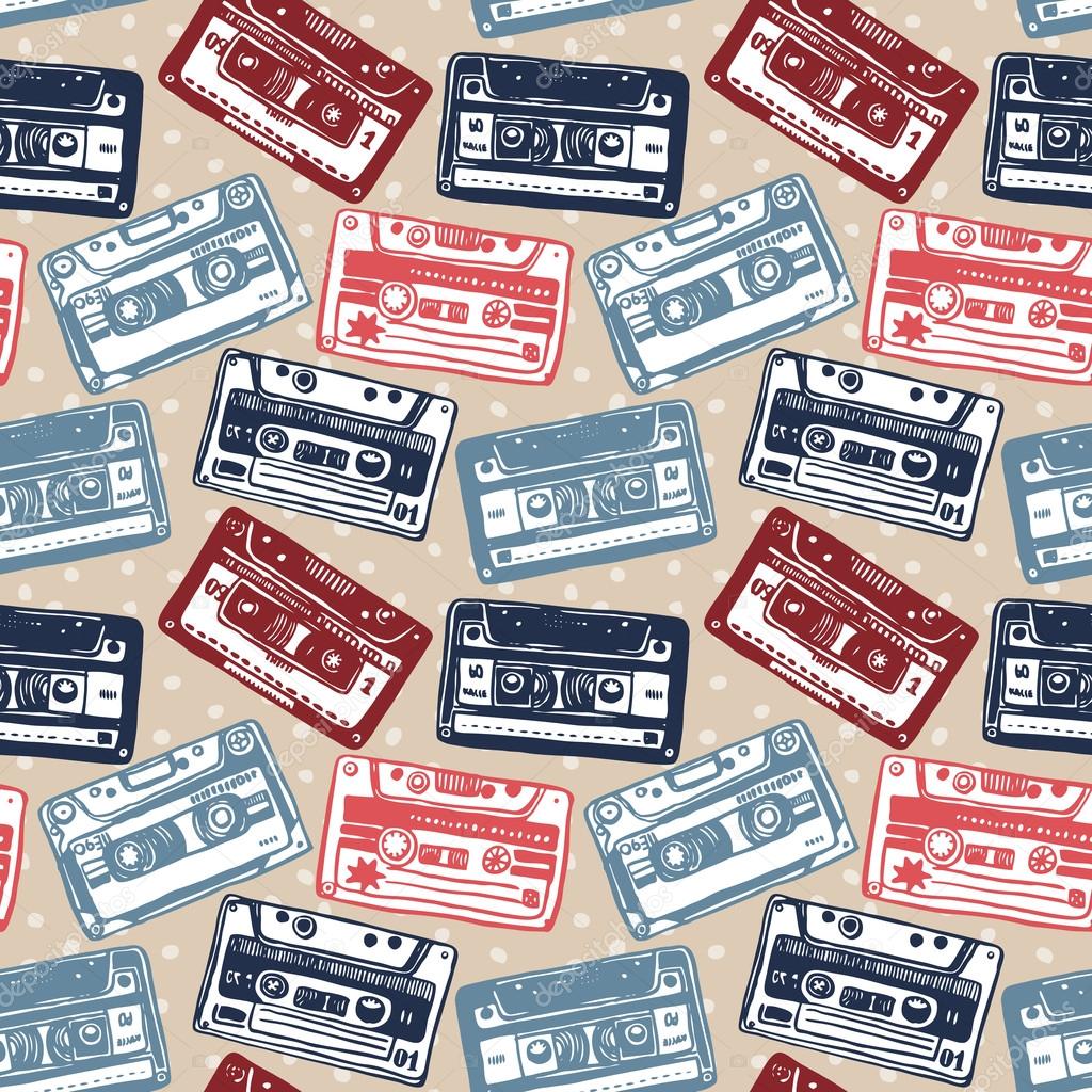 Vector with vintage cassettes, tapes, old music.
