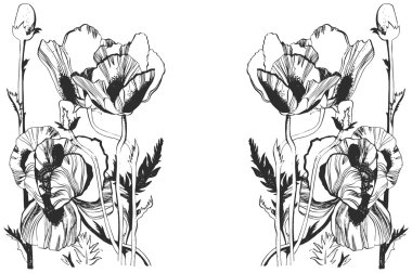 Vektör seamless modeli çizilmiş mürekkep çiçekli