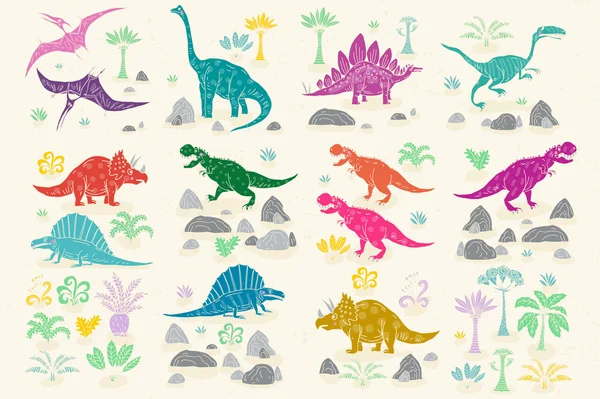 Coleção de desenhos animados Dinosaur conjunto ilustração vetorial. dinossauros monstro bonito animal engraçado e caráter pré-histórico. Fantasia tiranossauro cômico  . — Vetor de Stock