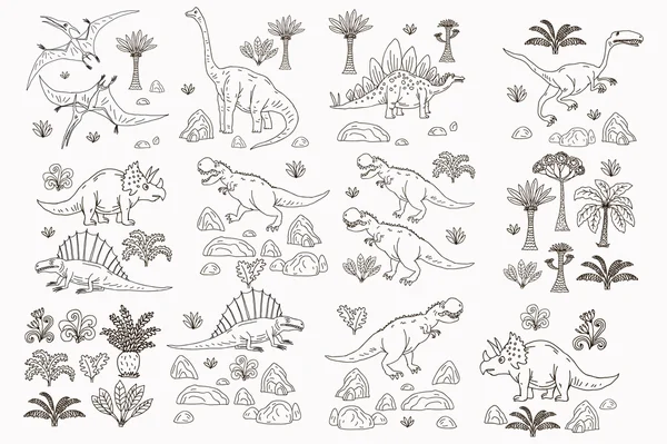 Dinosaur cartoon collectie set vector illustratie. dinosaurussen schattig monster grappig dier en prehistorische karakter. komische Tyrannosaurus fantasie . — Stockvector