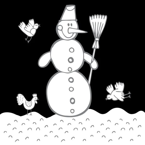 Bonhomme de neige mignon avec des oiseaux — Image vectorielle