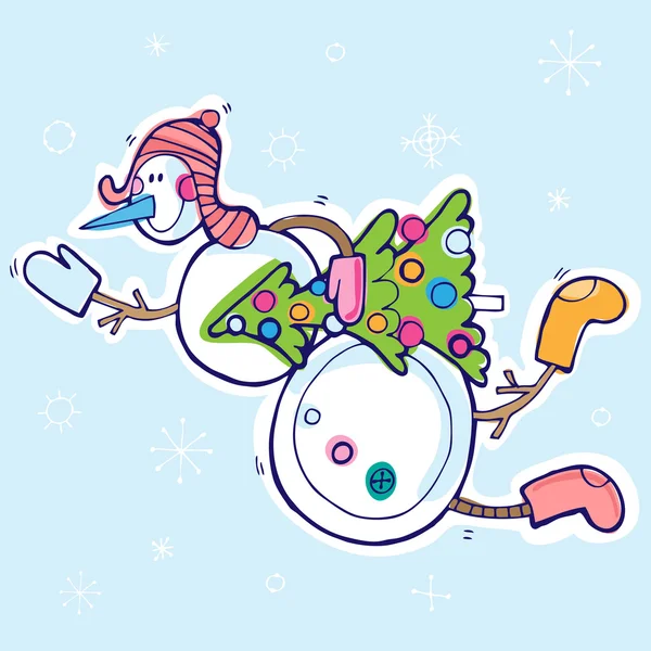 Bonhomme de neige mignon avec sapin — Image vectorielle
