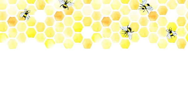 Aquarell Nahtlose Bordüre Rahmen Mit Niedlichen Bienen Und Waben Druck — Stockfoto