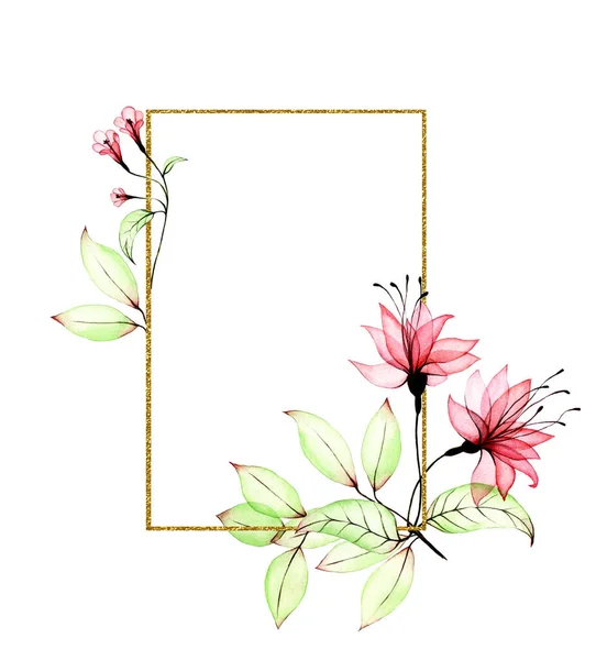 Прямоугольная Золотая Рама Прозрачными Тропическими Цветами Листьями Акварель Прозрачные Цветы — стоковое фото