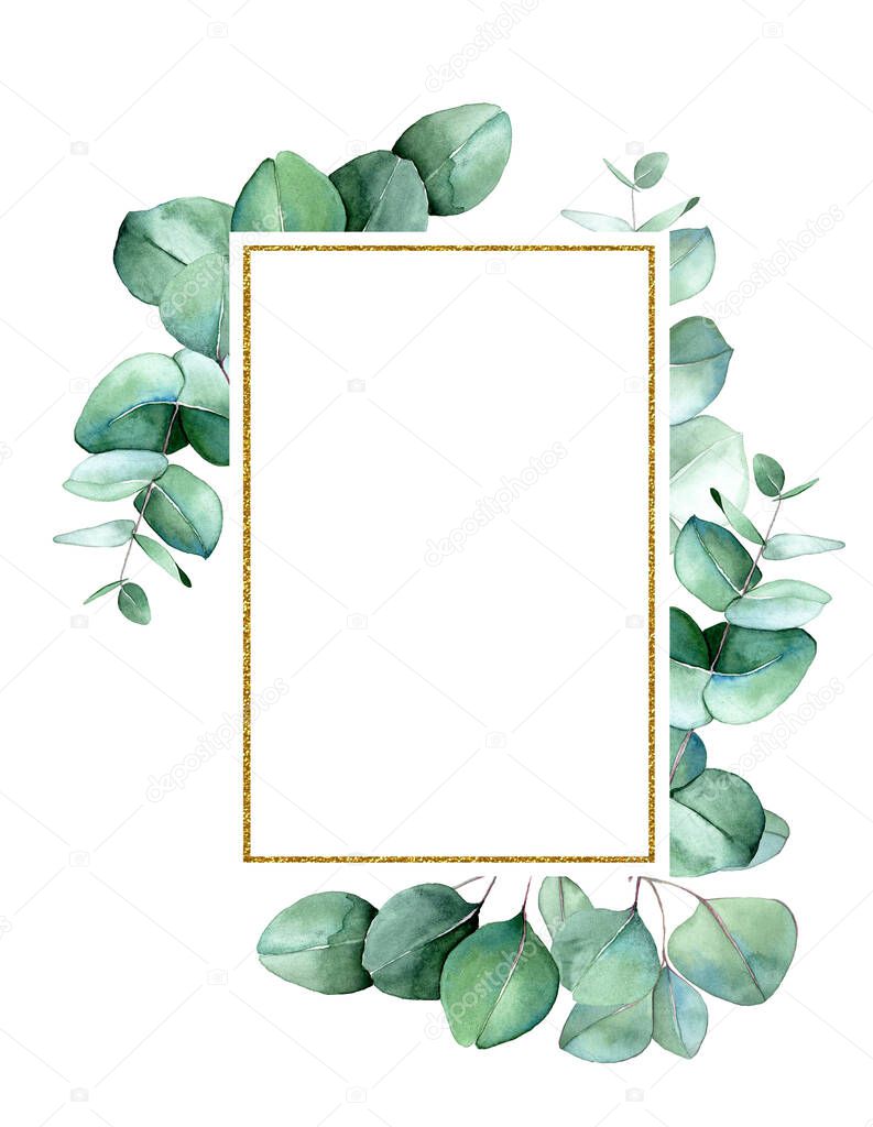 golden rectangular frame with green eucalyptus leaves. watercolor drawing, clipart. design for wedding, postcards, congratulations, invitations. perfume and cosmetics logo